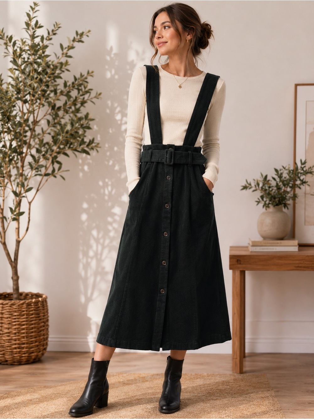 Maeve by Anthropologie - Green Button-Front Suspender Skirt